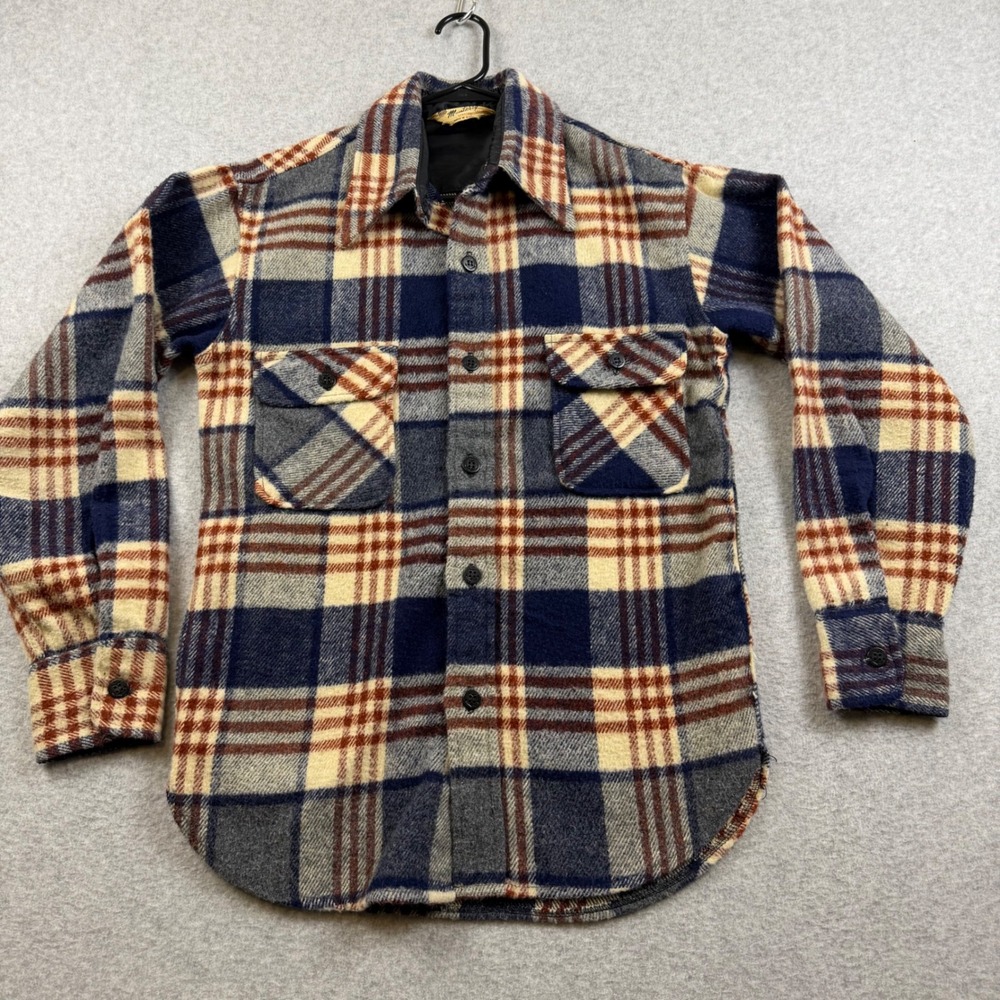 Vintage Monterey Sportswear Flannel Shirt Mens Small Blue Plaid Wool Blend USA